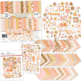 Groovy Collection, main product image, showing coordinated Paper & Sticker Kit, full-size Die Cuts, and Sticker Sheet for scrapbook layouts, memory albums, cards, journals, and keepsakes. Buyer theme: Coordinated Retro Summer Scrapbook Collection. Groovy coordinated scrapbook collection with paper, stickers and die cuts for summer vacations, sunny days and cheerful retro summer pages. Coordinating patterns include Retro daisy prints, Coral and pink checkerboards, Warm 70s floral patterns