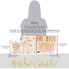 Groovy Collection, size guide image, showing coordinated Paper & Sticker Kit, full-size Die Cuts, and Sticker Sheet for scrapbook layouts, memory albums, cards, journals, and keepsakes. Buyer theme: Coordinated Retro Summer Scrapbook Collection. Groovy coordinated scrapbook collection with paper, stickers and die cuts for summer vacations, sunny days and cheerful retro summer pages. Coordinating patterns include Wavy sunset stripes, Smiley flower repeats, Sunshine and summer word patterns