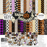 Happy Halloween Collection, collection product image, showing coordinated Paper & Sticker Kit, full-size Die Cuts, and Sticker Sheet for scrapbook layouts, memory albums, cards, journals, and keepsakes. Buyer theme: Coordinated Vintage Halloween Collection. Happy Halloween coordinated scrapbook collection with 12x12 paper, stickers and die-cut Halloween embellishments. Scrapbook collection, paper and sticker supplies, die cut embellishments, and coordinated memory keeping products