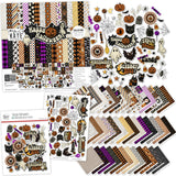 Happy Halloween Collection, main product image, showing coordinated Paper & Sticker Kit, full-size Die Cuts, and Sticker Sheet for scrapbook layouts, memory albums, cards, journals, and keepsakes. Buyer theme: Coordinated Vintage Halloween Collection. Happy Halloween coordinated scrapbook collection with 12x12 paper, stickers and die-cut Halloween embellishments. Scrapbook collection, paper and sticker supplies, die cut embellishments, and coordinated memory keeping products