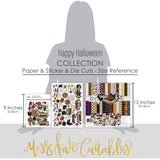 Happy Halloween Collection, size guide image, showing coordinated Paper & Sticker Kit, full-size Die Cuts, and Sticker Sheet for scrapbook layouts, memory albums, cards, journals, and keepsakes. Buyer theme: Coordinated Vintage Halloween Collection. Happy Halloween coordinated scrapbook collection with 12x12 paper, stickers and die-cut Halloween embellishments. Scrapbook collection, paper and sticker supplies, die cut embellishments, and coordinated memory keeping products