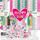 Happy Valentines Day Collection, collection product image, showing coordinated Paper & Sticker Kit, full-size Die Cuts, and Sticker Sheet for scrapbook layouts, memory albums, cards, journals, and keepsakes. Buyer theme: Coordinated Valentine Scrapbook Collection. Happy Valentines Day coordinated scrapbook collection with paper, stickers and die-cut embellishments. Color palette includes Hot pink, blush pink, aqua, emerald teal, mustard gold, charcoal black and white
