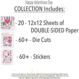 Happy Valentines Day Collection, includes image, showing coordinated Paper & Sticker Kit, full-size Die Cuts, and Sticker Sheet for scrapbook layouts, memory albums, cards, journals, and keepsakes. Buyer theme: Coordinated Valentine Scrapbook Collection. Happy Valentines Day coordinated scrapbook collection with paper, stickers and die-cut embellishments. Color palette includes Hot pink, blush pink, aqua, emerald teal, mustard gold, charcoal black and white