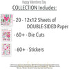 Happy Valentines Day Collection, includes image, showing coordinated Paper & Sticker Kit, full-size Die Cuts, and Sticker Sheet for scrapbook layouts, memory albums, cards, journals, and keepsakes. Buyer theme: Coordinated Valentine Scrapbook Collection. Happy Valentines Day coordinated scrapbook collection with paper, stickers and die-cut embellishments. Color palette includes Hot pink, blush pink, aqua, emerald teal, mustard gold, charcoal black and white