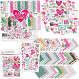 Happy Valentines Day Collection, main product image, showing coordinated Paper & Sticker Kit, full-size Die Cuts, and Sticker Sheet for scrapbook layouts, memory albums, cards, journals, and keepsakes. Buyer theme: Coordinated Valentine Scrapbook Collection. Happy Valentines Day coordinated scrapbook collection with paper, stickers and die-cut embellishments. Color palette includes Hot pink, blush pink, aqua, emerald teal, mustard gold, charcoal black and white
