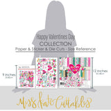 Happy Valentines Day Collection, size guide image, showing coordinated Paper & Sticker Kit, full-size Die Cuts, and Sticker Sheet for scrapbook layouts, memory albums, cards, journals, and keepsakes. Buyer theme: Coordinated Valentine Scrapbook Collection. Happy Valentines Day coordinated scrapbook collection with paper, stickers and die-cut embellishments. Color palette includes Hot pink, blush pink, aqua, emerald teal, mustard gold, charcoal black and white