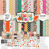 Hello Fall Collection, collection product image, showing coordinated Paper & Sticker Kit, full-size Die Cuts, and Sticker Sheet for scrapbook layouts, memory albums, cards, journals, and keepsakes. Buyer theme: Coordinated Autumn Scrapbook Collection. Hello Fall coordinated scrapbook collection with paper, stickers and die cuts for pumpkin season, changing leaves, autumn outings and colorful fall memories. Designed for Autumn family memories, Card making, Mini albums