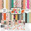 Hello Fall Collection, collection product image, showing coordinated Paper & Sticker Kit, full-size Die Cuts, and Sticker Sheet for scrapbook layouts, memory albums, cards, journals, and keepsakes. Buyer theme: Coordinated Autumn Scrapbook Collection. Hello Fall coordinated scrapbook collection with paper, stickers and die cuts for pumpkin season, changing leaves, autumn outings and colorful fall memories. Designed for Autumn family memories, Card making, Mini albums