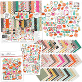 Hello Fall Collection, main product image, showing coordinated Paper & Sticker Kit, full-size Die Cuts, and Sticker Sheet for scrapbook layouts, memory albums, cards, journals, and keepsakes. Buyer theme: Coordinated Autumn Scrapbook Collection. Hello Fall coordinated scrapbook collection with paper, stickers and die cuts for pumpkin season, changing leaves, autumn outings and colorful fall memories. Designed for Fall scrapbook layouts, Pumpkin patch photo albums, Autumn family memories