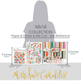Hello Fall Collection, size guide image, showing coordinated Paper & Sticker Kit, full-size Die Cuts, and Sticker Sheet for scrapbook layouts, memory albums, cards, journals, and keepsakes. Buyer theme: Coordinated Autumn Scrapbook Collection. Hello Fall coordinated scrapbook collection with paper, stickers and die cuts for pumpkin season, changing leaves, autumn outings and colorful fall memories. Coordinating patterns include Falling leaf patterns, Bright polka dots, Diagonal autumn stripes