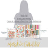 Hello Fall Collection, size guide image, showing coordinated Paper & Sticker Kit, full-size Die Cuts, and Sticker Sheet for scrapbook layouts, memory albums, cards, journals, and keepsakes. Buyer theme: Coordinated Autumn Scrapbook Collection. Hello Fall coordinated scrapbook collection with paper, stickers and die cuts for pumpkin season, changing leaves, autumn outings and colorful fall memories. Coordinating patterns include Falling leaf patterns, Bright polka dots, Diagonal autumn stripes