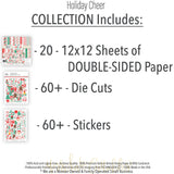 Holiday Cheer Collection, includes image, showing coordinated Paper & Sticker Kit, full-size Die Cuts, and Sticker Sheet for scrapbook layouts, memory albums, cards, journals, and keepsakes. Buyer theme: Coordinated Christmas Scrapbook Collection. Holiday Cheer coordinated scrapbook collection with paper, stickers and die cuts for Christmas morning photos, holiday celebrations, festive baking and family memories. Designed for Festive baking memories, Card making, Mini albums