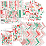 Holiday Cheer Collection, main product image, showing coordinated Paper & Sticker Kit, full-size Die Cuts, and Sticker Sheet for scrapbook layouts, memory albums, cards, journals, and keepsakes. Buyer theme: Coordinated Christmas Scrapbook Collection. Holiday Cheer coordinated scrapbook collection with paper, stickers and die cuts for Christmas morning photos, holiday celebrations, festive baking and family memories