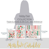 Holiday Cheer Collection, size guide image, showing coordinated Paper & Sticker Kit, full-size Die Cuts, and Sticker Sheet for scrapbook layouts, memory albums, cards, journals, and keepsakes. Buyer theme: Coordinated Christmas Scrapbook Collection. Holiday Cheer coordinated scrapbook collection with paper, stickers and die cuts for Christmas morning photos, holiday celebrations, festive baking and family memories. Designed for Card making, Mini albums, Junk journals