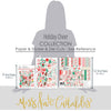 Holiday Cheer Collection, size guide image, showing coordinated Paper & Sticker Kit, full-size Die Cuts, and Sticker Sheet for scrapbook layouts, memory albums, cards, journals, and keepsakes. Buyer theme: Coordinated Christmas Scrapbook Collection. Holiday Cheer coordinated scrapbook collection with paper, stickers and die cuts for Christmas morning photos, holiday celebrations, festive baking and family memories. Designed for Card making, Mini albums, Junk journals