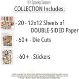 It's Spooky Season Collection, includes image, showing coordinated Paper & Sticker Kit, full-size Die Cuts, and Sticker Sheet for scrapbook layouts, memory albums, cards, journals, and keepsakes. Buyer theme: Coordinated Halloween Scrapbook Collection. It's Spooky Season scrapbook collection with 12x12 Double-Sided Paper, Die Cuts and one coordinating Sticker Sheet. Scrapbook collection, paper and sticker supplies, die cut embellishments, and coordinated memory keeping products