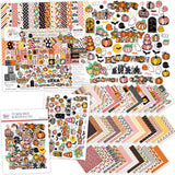 It's Spooky Season Collection, main product image, showing coordinated Paper & Sticker Kit, full-size Die Cuts, and Sticker Sheet for scrapbook layouts, memory albums, cards, journals, and keepsakes. Buyer theme: Coordinated Halloween Scrapbook Collection. It's Spooky Season scrapbook collection with 12x12 Double-Sided Paper, Die Cuts and one coordinating Sticker Sheet. Scrapbook collection, paper and sticker supplies, die cut embellishments, and coordinated memory keeping products