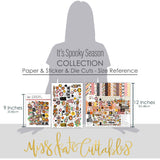 It's Spooky Season Collection, size guide image, showing coordinated Paper & Sticker Kit, full-size Die Cuts, and Sticker Sheet for scrapbook layouts, memory albums, cards, journals, and keepsakes. Buyer theme: Coordinated Halloween Scrapbook Collection. It's Spooky Season scrapbook collection with 12x12 Double-Sided Paper, Die Cuts and one coordinating Sticker Sheet. Scrapbook collection, paper and sticker supplies, die cut embellishments, and coordinated memory keeping products