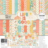 Life is Good Collection, collection product image, showing coordinated Paper & Sticker Kit, full-size Die Cuts, and Sticker Sheet for scrapbook layouts, memory albums, cards, journals, and keepsakes. Buyer theme: Coordinated Everyday Memory Scrapbook Collection. Life is Good coordinated scrapbook collection with paper, stickers and die cuts for friendship, family stories, gratitude and happy everyday memories. Designed for Family story pages, Gratitude journals, Card making