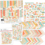 Life is Good Collection, main product image, showing coordinated Paper & Sticker Kit, full-size Die Cuts, and Sticker Sheet for scrapbook layouts, memory albums, cards, journals, and keepsakes. Buyer theme: Coordinated Everyday Memory Scrapbook Collection. Life is Good coordinated scrapbook collection with paper, stickers and die cuts for friendship, family stories, gratitude and happy everyday memories. Designed for Everyday memory scrapbook layouts, Friendship photo albums, Family story pages