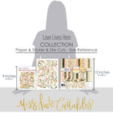 Love Lives Here Collection, size guide image, showing coordinated Paper & Sticker Kit, full-size Die Cuts, and Sticker Sheet for scrapbook layouts, memory albums, cards, journals, and keepsakes. Buyer theme: Coordinated Family Memory Scrapbook Collection. Love Lives Here coordinated family scrapbook collection with paper, stickers and die cuts for home memories, family stories, love and belonging. Coordinating patterns include Polka dots, Pinstripes, Leaf and flower silhouettes