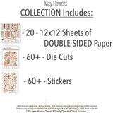May Flowers Collection, includes image, showing coordinated Paper & Sticker Kit, full-size Die Cuts, and Sticker Sheet for scrapbook layouts, memory albums, cards, journals, and keepsakes. Buyer theme: Spring Floral Scrapbook & Paper Craft Collection. May Flowers coordinated spring scrapbook collection with paper, stickers and die-cut botanical embellishments. Color palette includes Rose pink, coral, blush, sage green, mint, yellow, orange, cream and charcoal