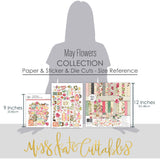 May Flowers Collection, size guide image, showing coordinated Paper & Sticker Kit, full-size Die Cuts, and Sticker Sheet for scrapbook layouts, memory albums, cards, journals, and keepsakes. Buyer theme: Spring Floral Scrapbook & Paper Craft Collection. May Flowers coordinated spring scrapbook collection with paper, stickers and die-cut botanical embellishments. Color palette includes Rose pink, coral, blush, sage green, mint, yellow, orange, cream and charcoal