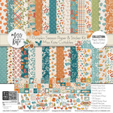 Pumpkin Season Collection, collection product image, showing coordinated Paper & Sticker Kit, full-size Die Cuts, and Sticker Sheet for scrapbook layouts, memory albums, cards, journals, and keepsakes. Buyer theme: Coordinated Fall Scrapbook Collection. Coordinated fall scrapbook collection with 12x12 paper, die cuts, and sticker sheet in warm harvest style. Visible artwork includes pie slices, sweaters, blankets, autumn leaves. Color palette includes pumpkin orange, warm cream, sage green