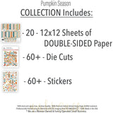 Pumpkin Season Collection, includes image, showing coordinated Paper & Sticker Kit, full-size Die Cuts, and Sticker Sheet for scrapbook layouts, memory albums, cards, journals, and keepsakes. Buyer theme: Coordinated Fall Scrapbook Collection. Coordinated fall scrapbook collection with 12x12 paper, die cuts, and sticker sheet in warm harvest style. Visible artwork includes sweaters, blankets, autumn leaves, acorns. Color palette includes warm cream, sage green, harvest gold