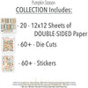 Pumpkin Season Collection, includes image, showing coordinated Paper & Sticker Kit, full-size Die Cuts, and Sticker Sheet for scrapbook layouts, memory albums, cards, journals, and keepsakes. Buyer theme: Coordinated Fall Scrapbook Collection. Coordinated fall scrapbook collection with 12x12 paper, die cuts, and sticker sheet in warm harvest style. Visible artwork includes sweaters, blankets, autumn leaves, acorns. Color palette includes warm cream, sage green, harvest gold