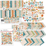 Pumpkin Season Collection, main product image, showing coordinated Paper & Sticker Kit, full-size Die Cuts, and Sticker Sheet for scrapbook layouts, memory albums, cards, journals, and keepsakes. Buyer theme: Coordinated Fall Scrapbook Collection. Coordinated fall scrapbook collection with 12x12 paper, die cuts, and sticker sheet in warm harvest style. Visible artwork includes pumpkins, hot drink mugs, pie slices, sweaters. Color palette includes dusty teal, soft aqua, pumpkin orange