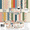 Ready for School Collection, collection product image, showing coordinated Paper & Sticker Kit, full-size Die Cuts, and Sticker Sheet for scrapbook layouts, ancestry albums, family history pages, and keepsakes. Buyer theme: Coordinating School Memory Paper Crafting Collection. Ready for School coordinated paper crafting collection combining school scrapbook papers, stickers and die cuts for school-year memory keeping. Color palette includes apple red, brick red, blush pink