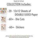 Ready for School Collection, includes image, showing coordinated Paper & Sticker Kit, full-size Die Cuts, and Sticker Sheet for scrapbook layouts, ancestry albums, family history pages, and keepsakes. Buyer theme: Coordinating School Memory Paper Crafting Collection. Ready for School coordinated paper crafting collection combining school scrapbook papers, stickers and die cuts for school-year memory keeping. Color palette includes brick red, blush pink, sage green