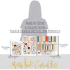 Ready for School Collection, size guide image, showing coordinated Paper & Sticker Kit, full-size Die Cuts, and Sticker Sheet for scrapbook layouts, ancestry albums, family history pages, and keepsakes. Buyer theme: Coordinating School Memory Paper Crafting Collection. Ready for School coordinated paper crafting collection combining school scrapbook papers, stickers and die cuts for school-year memory keeping. Color palette includes blush pink, sage green, olive green