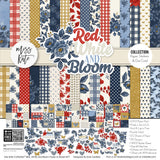 Red White and Bloom Collection, collection product image, showing coordinated Paper & Sticker Kit, full-size Die Cuts, and Sticker Sheet for scrapbook layouts, memory albums, cards, journals, and keepsakes. Buyer theme: Americana Paper Crafting Collection. Red White and Bloom coordinated scrapbook collection with paper, stickers and die cuts for Fourth of July photos, summer gatherings and patriotic family memories. Designed for Family gathering memories, Summer picnic pages, Card making