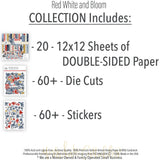 Red White and Bloom Collection, includes image, showing coordinated Paper & Sticker Kit, full-size Die Cuts, and Sticker Sheet for scrapbook layouts, memory albums, cards, journals, and keepsakes. Buyer theme: Americana Paper Crafting Collection. Red White and Bloom coordinated scrapbook collection with paper, stickers and die cuts for Fourth of July photos, summer gatherings and patriotic family memories. Designed for Summer picnic pages, Card making, Mini albums