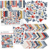 Red White and Bloom Collection, main product image, showing coordinated Paper & Sticker Kit, full-size Die Cuts, and Sticker Sheet for scrapbook layouts, memory albums, cards, journals, and keepsakes. Buyer theme: Americana Paper Crafting Collection. Red White and Bloom coordinated scrapbook collection with paper, stickers and die cuts for Fourth of July photos, summer gatherings and patriotic family memories