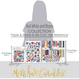Red White and Bloom Collection, size guide image, showing coordinated Paper & Sticker Kit, full-size Die Cuts, and Sticker Sheet for scrapbook layouts, memory albums, cards, journals, and keepsakes. Buyer theme: Americana Paper Crafting Collection. Red White and Bloom coordinated scrapbook collection with paper, stickers and die cuts for Fourth of July photos, summer gatherings and patriotic family memories. Designed for Card making, Mini albums, Junk journals