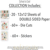 School is Cool Collection, includes image, showing coordinated Paper & Sticker Kit, full-size Die Cuts, and Sticker Sheet for scrapbook layouts, memory albums, cards, journals, and keepsakes. Buyer theme: Coordinated Back to School Scrapbook Collection. School is Cool coordinated scrapbook collection with paper, stickers and die cuts for first-day photos, classroom milestones and school-year memories. Designed for Teacher appreciation crafts, Classroom memory pages, Card making