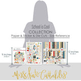 School is Cool Collection, size guide image, showing coordinated Paper & Sticker Kit, full-size Die Cuts, and Sticker Sheet for scrapbook layouts, memory albums, cards, journals, and keepsakes. Buyer theme: Coordinated Back to School Scrapbook Collection. School is Cool coordinated scrapbook collection with paper, stickers and die cuts for first-day photos, classroom milestones and school-year memories. Designed for Classroom memory pages, Card making, Mini albums
