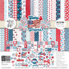 Stars and Stripes Collection, collection product image, showing coordinated Paper & Sticker Kit, full-size Die Cuts, and Sticker Sheet for scrapbook layouts, memory albums, cards, journals, and keepsakes. Buyer theme: 4th of July Scrapbook & Paper Craft Collection. Stars and Stripes coordinated patriotic scrapbook collection with paper, stickers and die-cut red white and blue embellishments