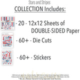 Stars and Stripes Collection, includes image, showing coordinated Paper & Sticker Kit, full-size Die Cuts, and Sticker Sheet for scrapbook layouts, memory albums, cards, journals, and keepsakes. Buyer theme: 4th of July Scrapbook & Paper Craft Collection. Stars and Stripes coordinated patriotic scrapbook collection with paper, stickers and die-cut red white and blue embellishments. Scrapbook collection, paper and sticker supplies, die cut embellishments, and coordinated memory keeping products