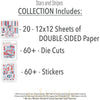 Stars and Stripes Collection, includes image, showing coordinated Paper & Sticker Kit, full-size Die Cuts, and Sticker Sheet for scrapbook layouts, memory albums, cards, journals, and keepsakes. Buyer theme: 4th of July Scrapbook & Paper Craft Collection. Stars and Stripes coordinated patriotic scrapbook collection with paper, stickers and die-cut red white and blue embellishments. Scrapbook collection, paper and sticker supplies, die cut embellishments, and coordinated memory keeping products