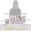 Stars and Stripes Collection, size guide image, showing coordinated Paper & Sticker Kit, full-size Die Cuts, and Sticker Sheet for scrapbook layouts, memory albums, cards, journals, and keepsakes. Buyer theme: 4th of July Scrapbook & Paper Craft Collection. Stars and Stripes coordinated patriotic scrapbook collection with paper, stickers and die-cut red white and blue embellishments. The matching products provide coordinated foundations, dimensional embellishments, titles, and finishing accents