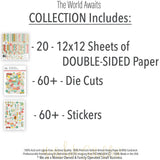 The World Awaits Collection, includes image, showing coordinated Paper & Sticker Kit, full-size Die Cuts, and Sticker Sheet for scrapbook layouts, memory albums, cards, journals, and keepsakes. Buyer theme: Coordinated Vacation Scrapbook Collection. Coordinated travel collection with 12x12 papers, die cuts and sticker sheet for vacation scrapbooking and memory keeping. Visible artwork includes palm fronds, airplane, passport, camera. Color palette includes mustard, yellow, sage