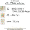 The World Awaits Collection, includes image, showing coordinated Paper & Sticker Kit, full-size Die Cuts, and Sticker Sheet for scrapbook layouts, memory albums, cards, journals, and keepsakes. Buyer theme: Coordinated Vacation Scrapbook Collection. Coordinated travel collection with 12x12 papers, die cuts and sticker sheet for vacation scrapbooking and memory keeping. Visible artwork includes palm fronds, airplane, passport, camera. Color palette includes mustard, yellow, sage