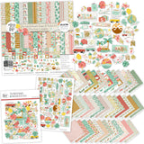 The World Awaits Collection, main product image, showing coordinated Paper & Sticker Kit, full-size Die Cuts, and Sticker Sheet for scrapbook layouts, memory albums, cards, journals, and keepsakes. Buyer theme: Coordinated Vacation Scrapbook Collection. Coordinated travel collection with 12x12 papers, die cuts and sticker sheet for vacation scrapbooking and memory keeping. Visible artwork includes hibiscus flowers, plumeria flowers, monstera leaves, palm fronds