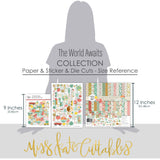 The World Awaits Collection, size guide image, showing coordinated Paper & Sticker Kit, full-size Die Cuts, and Sticker Sheet for scrapbook layouts, memory albums, cards, journals, and keepsakes. Buyer theme: Coordinated Vacation Scrapbook Collection. Coordinated travel collection with 12x12 papers, die cuts and sticker sheet for vacation scrapbooking and memory keeping. Visible artwork includes airplane, passport, camera, globe. Color palette includes yellow, sage, white