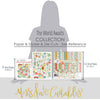 The World Awaits Collection, size guide image, showing coordinated Paper & Sticker Kit, full-size Die Cuts, and Sticker Sheet for scrapbook layouts, memory albums, cards, journals, and keepsakes. Buyer theme: Coordinated Vacation Scrapbook Collection. Coordinated travel collection with 12x12 papers, die cuts and sticker sheet for vacation scrapbooking and memory keeping. Visible artwork includes airplane, passport, camera, globe. Color palette includes yellow, sage, white