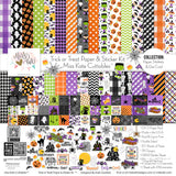 Trick or Treat Collection, collection product image, showing coordinated Paper & Sticker Kit, full-size Die Cuts, and Sticker Sheet for scrapbook layouts, memory albums, cards, journals, and keepsakes. Buyer theme: Coordinated Cute Halloween Collection. Trick or Treat coordinated scrapbook collection with 12x12 paper, stickers and die-cut Halloween embellishments. Scrapbook collection, paper and sticker supplies, die cut embellishments, and coordinated memory keeping products
